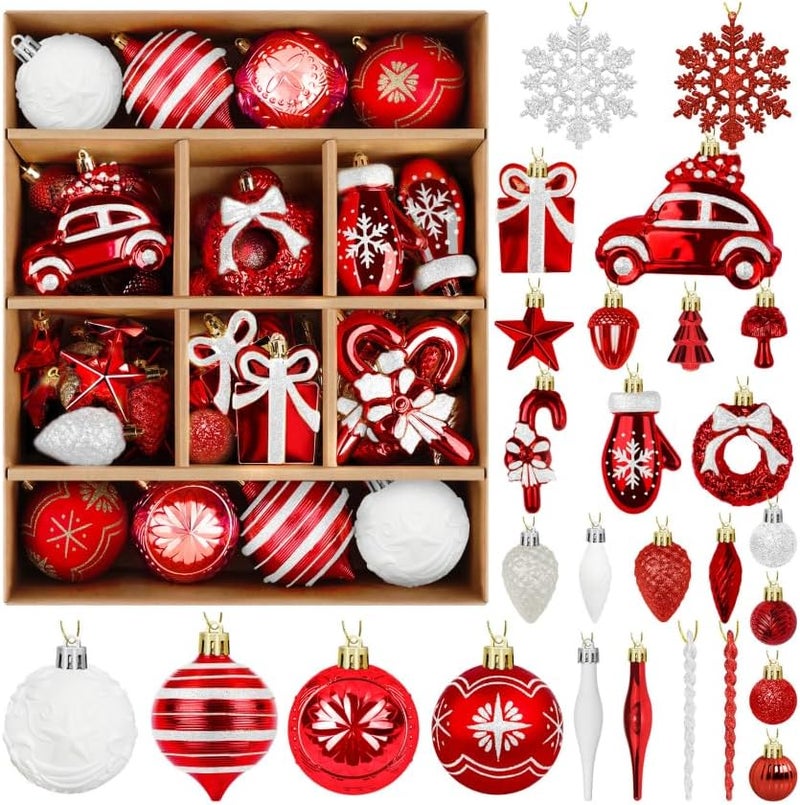 EverMerry 82PCS Christmas Ornaments, Ornaments with Hanging Strings for Christmas Tree Decorations, Hanging Xmas Decorations with Kraft Paper Box with Lid for Holiday, Party(Red&White) - Image 1